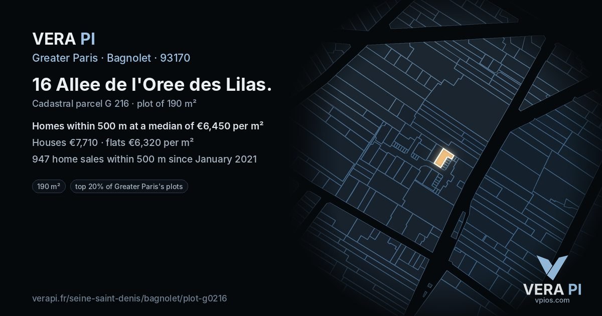 16 Allee de l'Oree des Lilas, Bagnolet at night – the plot lit, the parcels around coloured by the prices near them