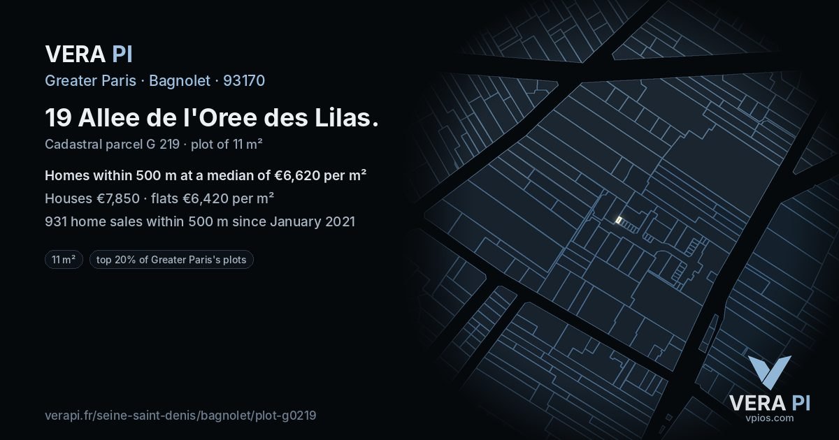 19 Allee de l'Oree des Lilas, Bagnolet at night – the plot lit, the parcels around coloured by the prices near them