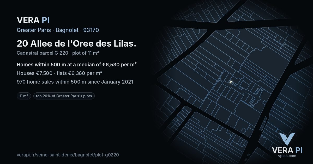20 Allee de l'Oree des Lilas, Bagnolet at night – the plot lit, the parcels around coloured by the prices near them