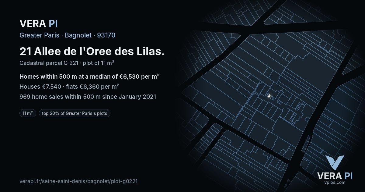 21 Allee de l'Oree des Lilas, Bagnolet at night – the plot lit, the parcels around coloured by the prices near them