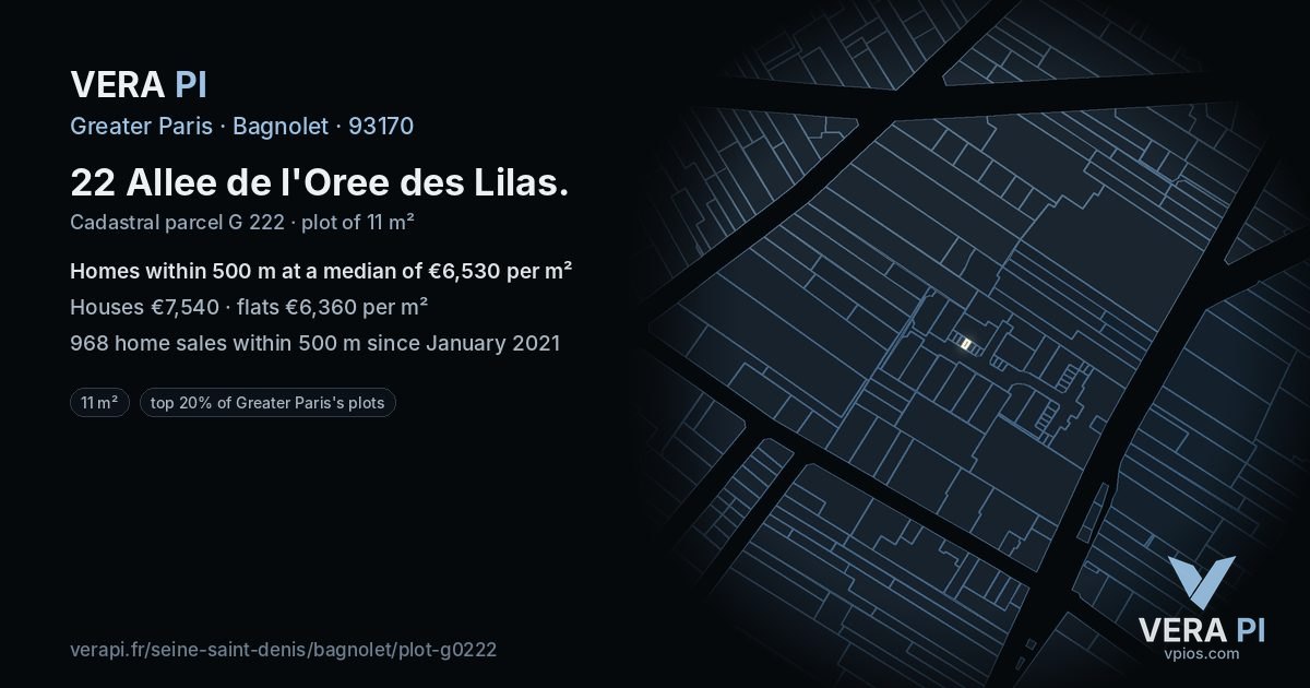 22 Allee de l'Oree des Lilas, Bagnolet at night – the plot lit, the parcels around coloured by the prices near them