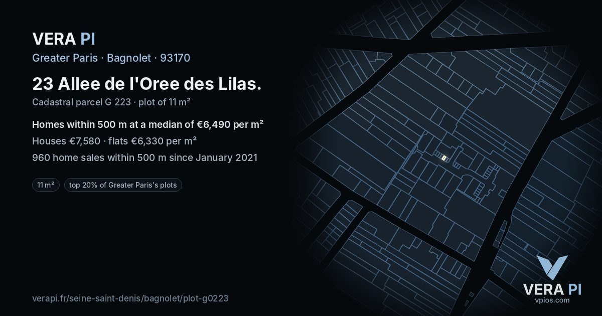 23 Allee de l'Oree des Lilas, Bagnolet at night – the plot lit, the parcels around coloured by the prices near them