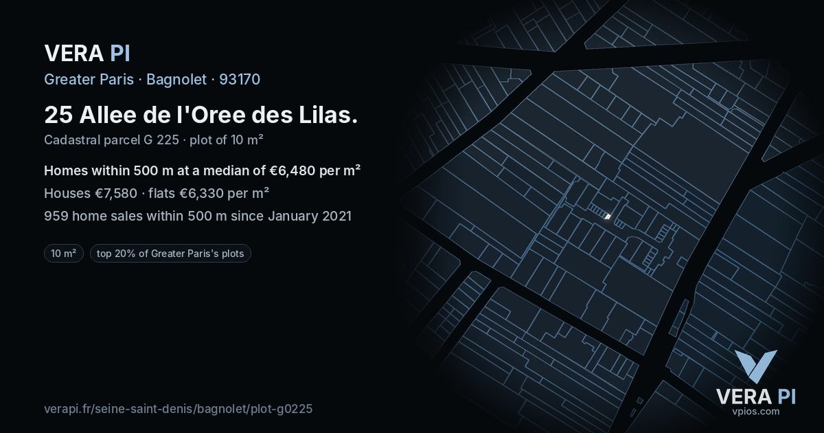 25 Allee de l'Oree des Lilas, Bagnolet at night – the plot lit, the parcels around coloured by the prices near them