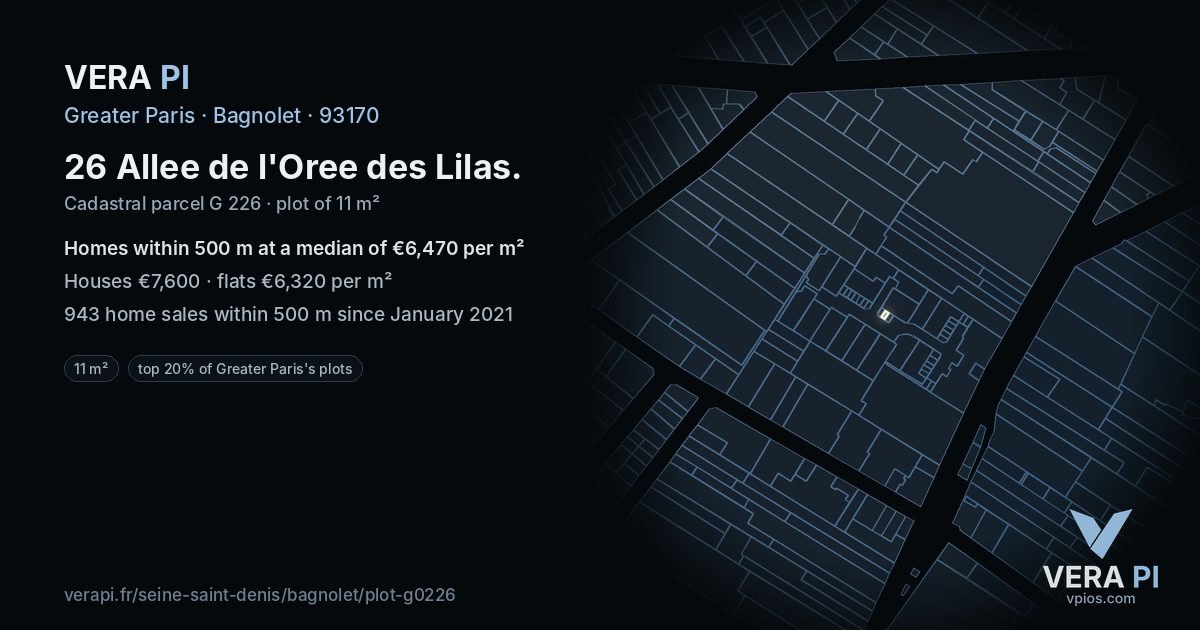 26 Allee de l'Oree des Lilas, Bagnolet at night – the plot lit, the parcels around coloured by the prices near them