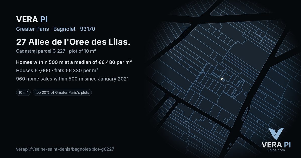 27 Allee de l'Oree des Lilas, Bagnolet at night – the plot lit, the parcels around coloured by the prices near them