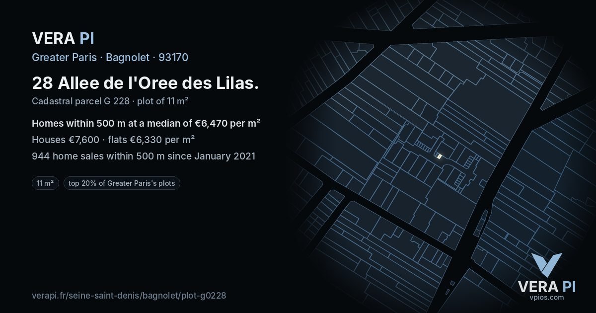 28 Allee de l'Oree des Lilas, Bagnolet at night – the plot lit, the parcels around coloured by the prices near them