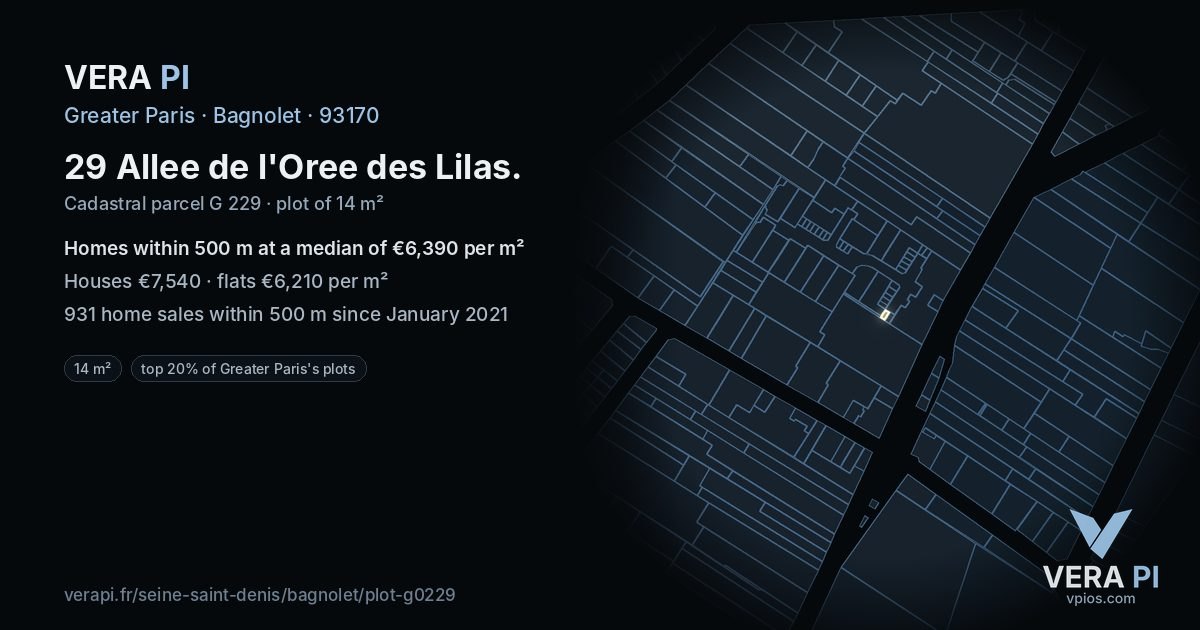 29 Allee de l'Oree des Lilas, Bagnolet at night – the plot lit, the parcels around coloured by the prices near them