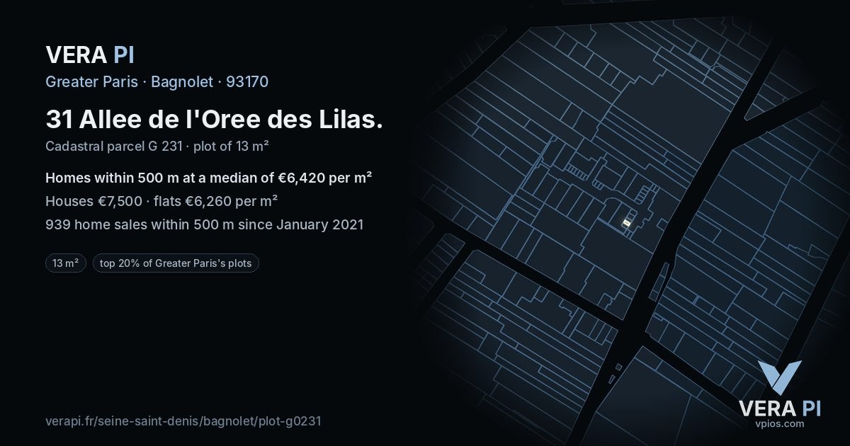 31 Allee de l'Oree des Lilas, Bagnolet at night – the plot lit, the parcels around coloured by the prices near them