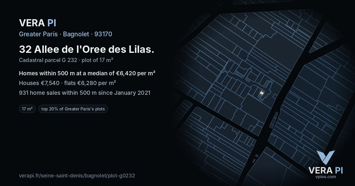32 Allee de l'Oree des Lilas, Bagnolet at night – the plot lit, the parcels around coloured by the prices near them