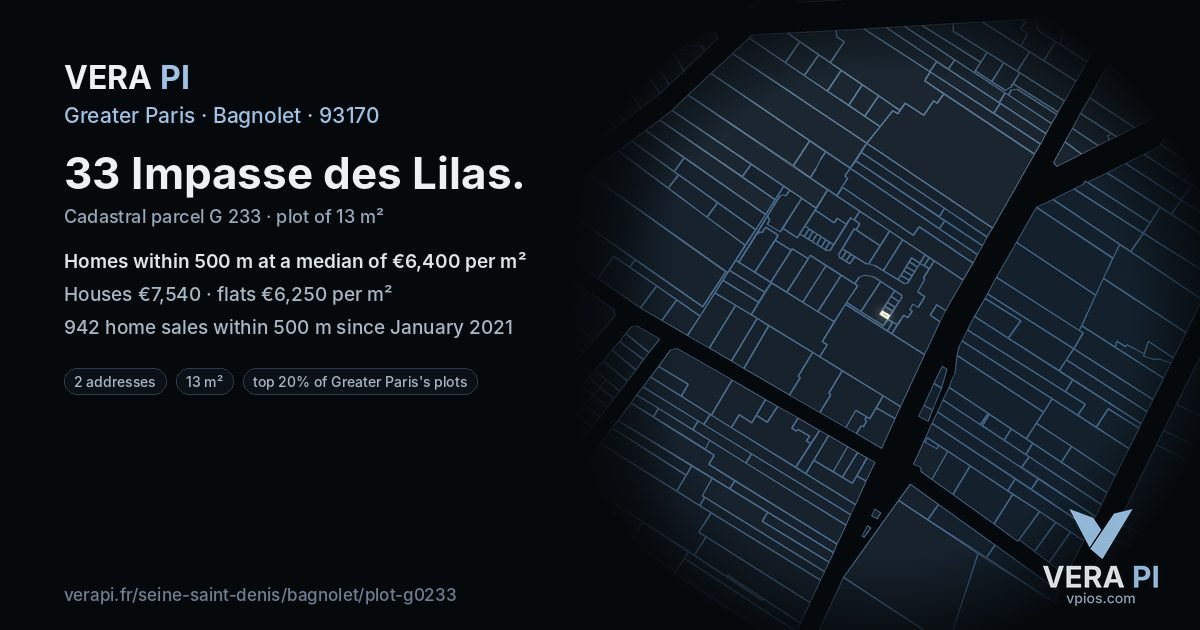 33 Impasse des Lilas, Bagnolet at night – the plot lit, the parcels around coloured by the prices near them