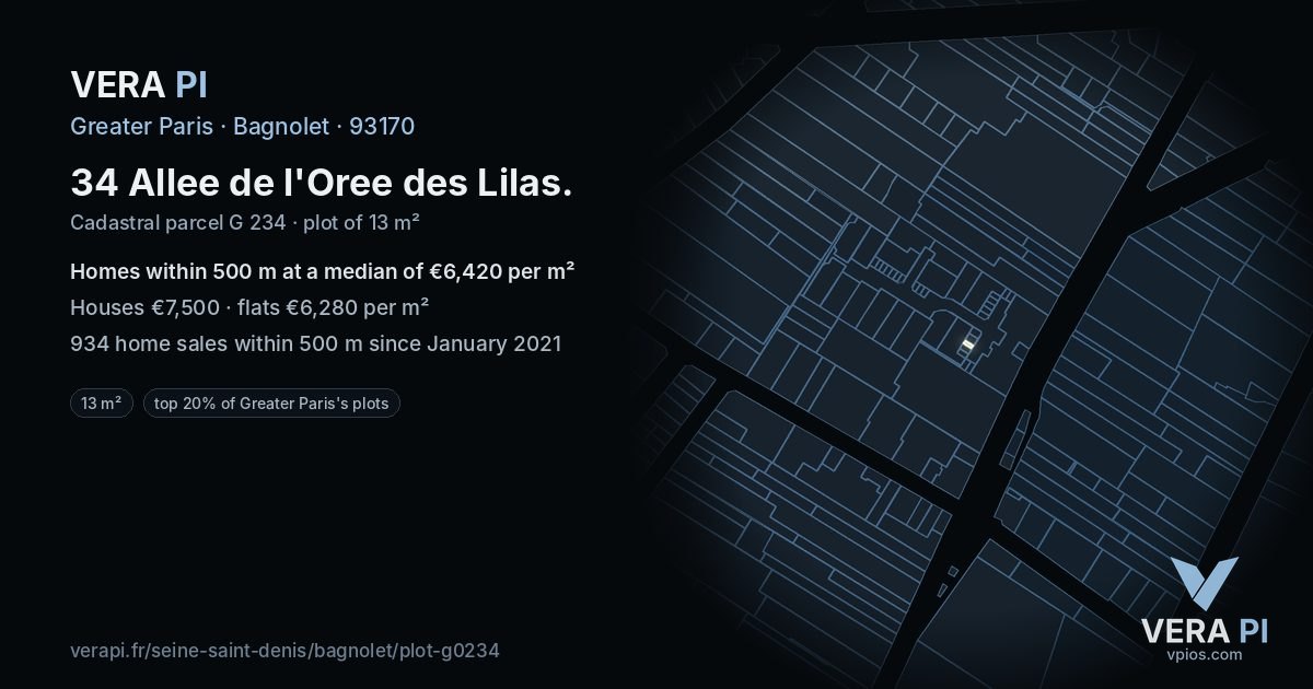 34 Allee de l'Oree des Lilas, Bagnolet at night – the plot lit, the parcels around coloured by the prices near them