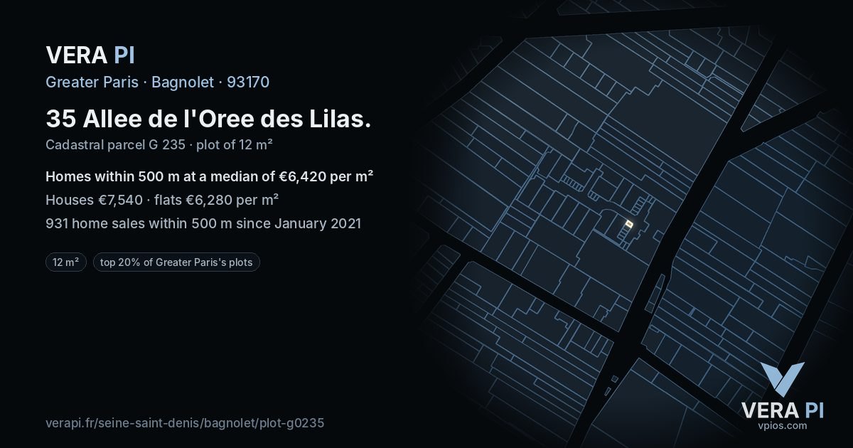 35 Allee de l'Oree des Lilas, Bagnolet at night – the plot lit, the parcels around coloured by the prices near them