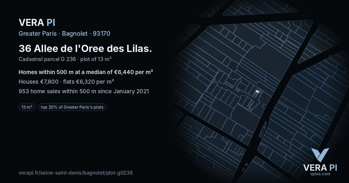 36 Allee de l'Oree des Lilas, Bagnolet at night – the plot lit, the parcels around coloured by the prices near them
