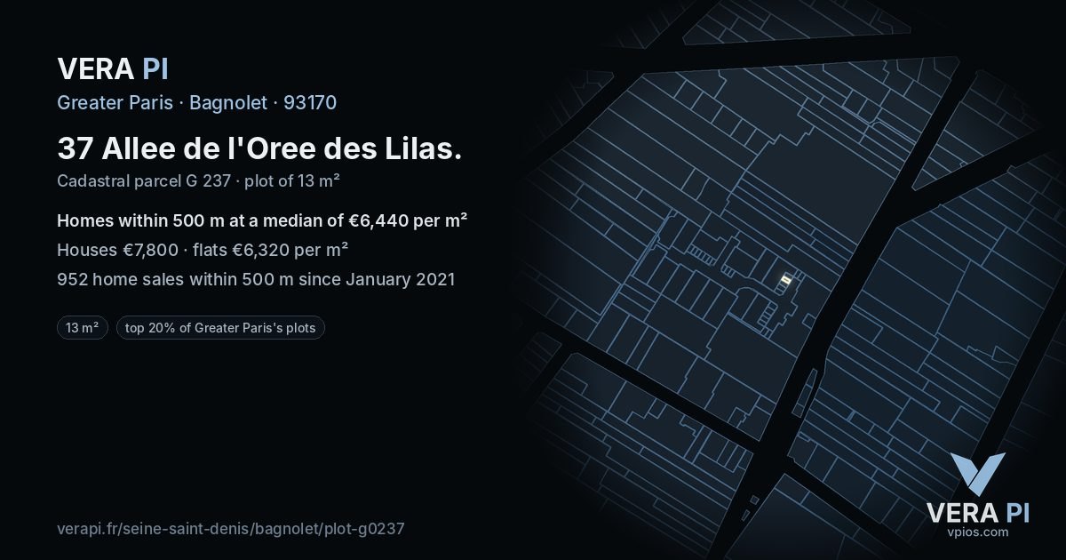 37 Allee de l'Oree des Lilas, Bagnolet at night – the plot lit, the parcels around coloured by the prices near them