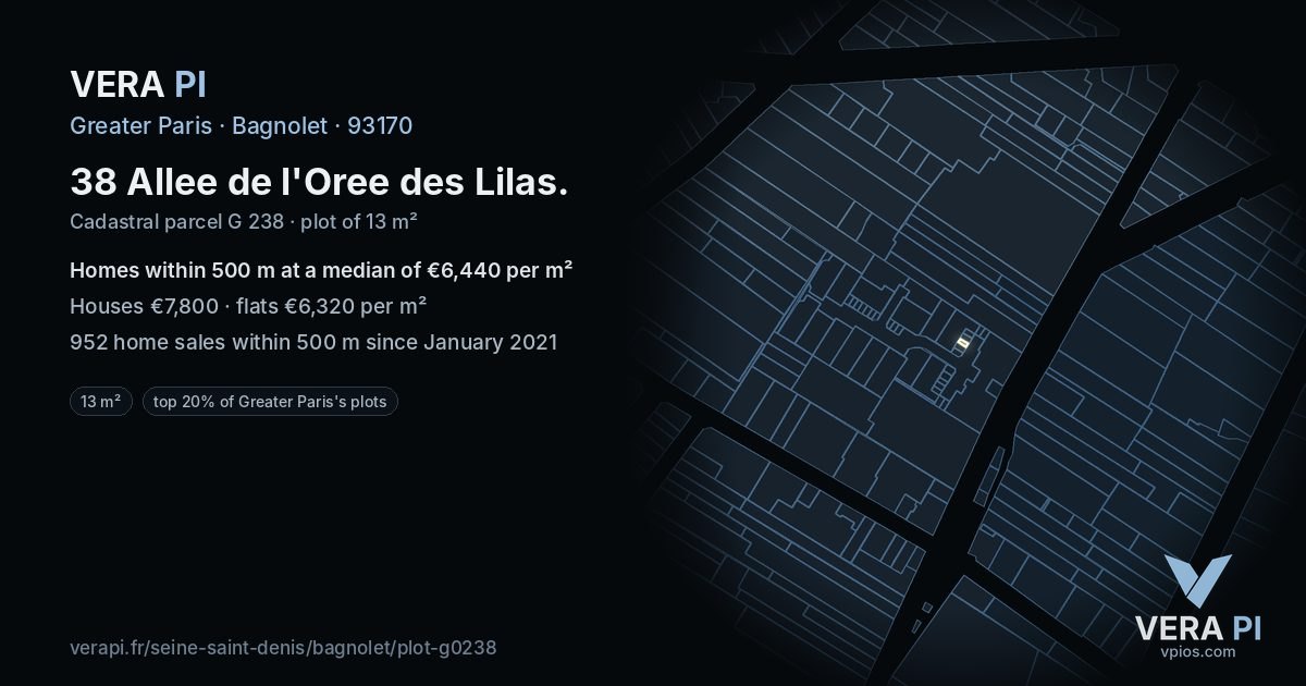 38 Allee de l'Oree des Lilas, Bagnolet at night – the plot lit, the parcels around coloured by the prices near them