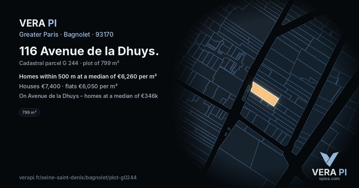 116 Avenue de la Dhuys, Bagnolet at night – the plot lit, the parcels around coloured by the prices near them