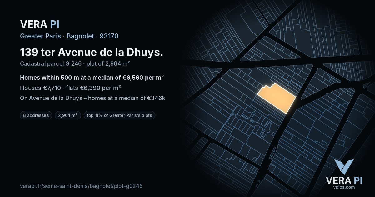 139 ter Avenue de la Dhuys, Bagnolet at night – the plot lit, the parcels around coloured by the prices near them