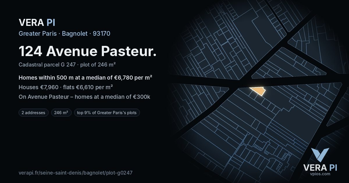 124 Avenue Pasteur, Bagnolet at night – the plot lit, the parcels around coloured by the prices near them
