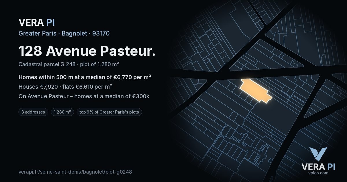 128 Avenue Pasteur, Bagnolet at night – the plot lit, the parcels around coloured by the prices near them