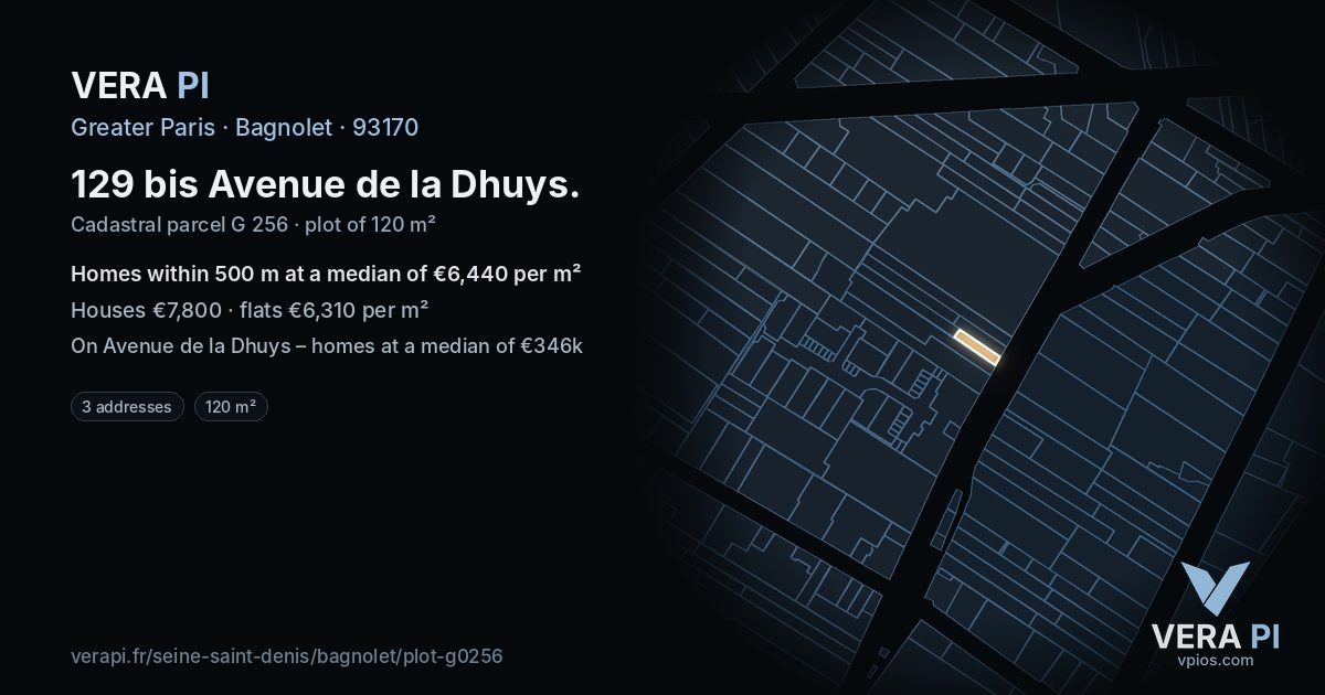 129 bis Avenue de la Dhuys, Bagnolet at night – the plot lit, the parcels around coloured by the prices near them
