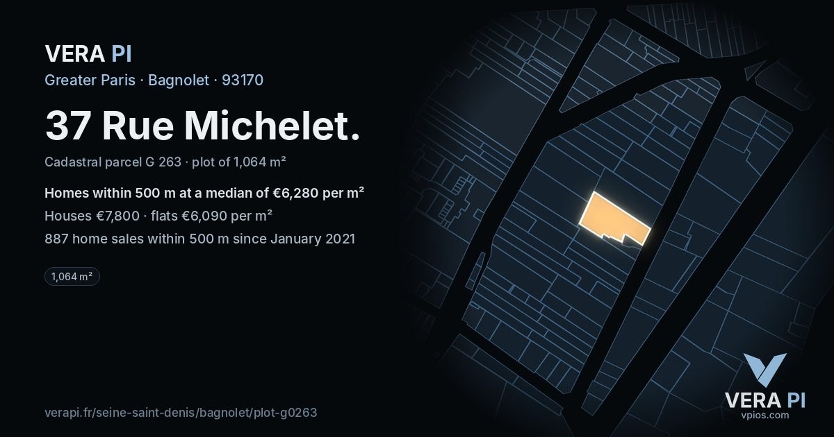 37 Rue Michelet, Bagnolet at night – the plot lit, the parcels around coloured by the prices near them