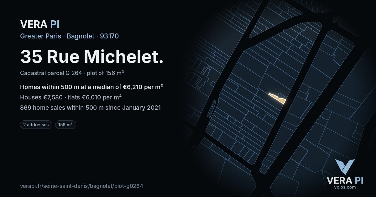 35 Rue Michelet, Bagnolet at night – the plot lit, the parcels around coloured by the prices near them