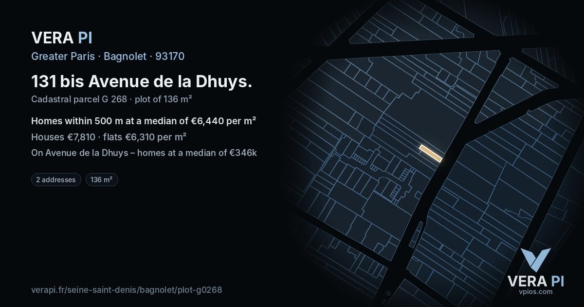 131 bis Avenue de la Dhuys, Bagnolet at night – the plot lit, the parcels around coloured by the prices near them