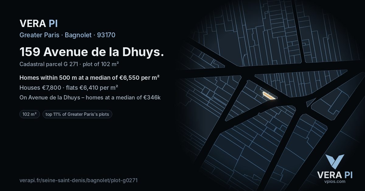 159 Avenue de la Dhuys, Bagnolet at night – the plot lit, the parcels around coloured by the prices near them