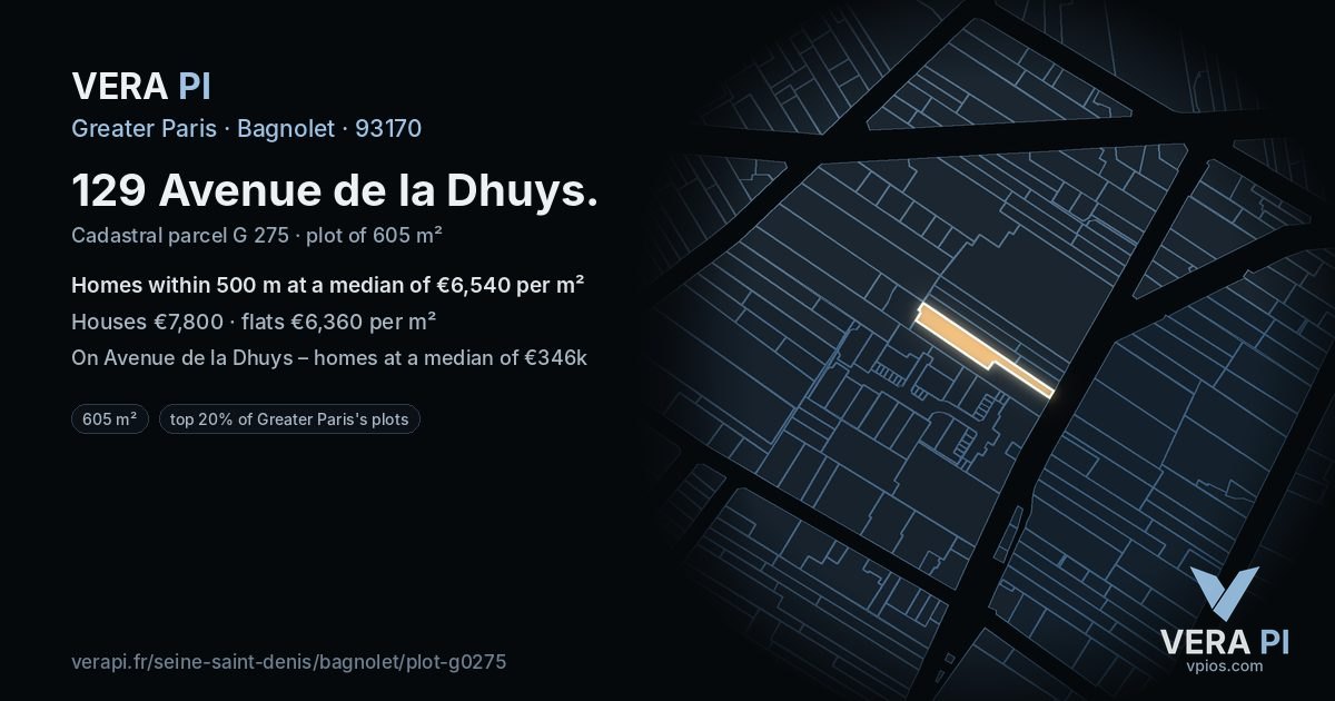 129 Avenue de la Dhuys, Bagnolet at night – the plot lit, the parcels around coloured by the prices near them