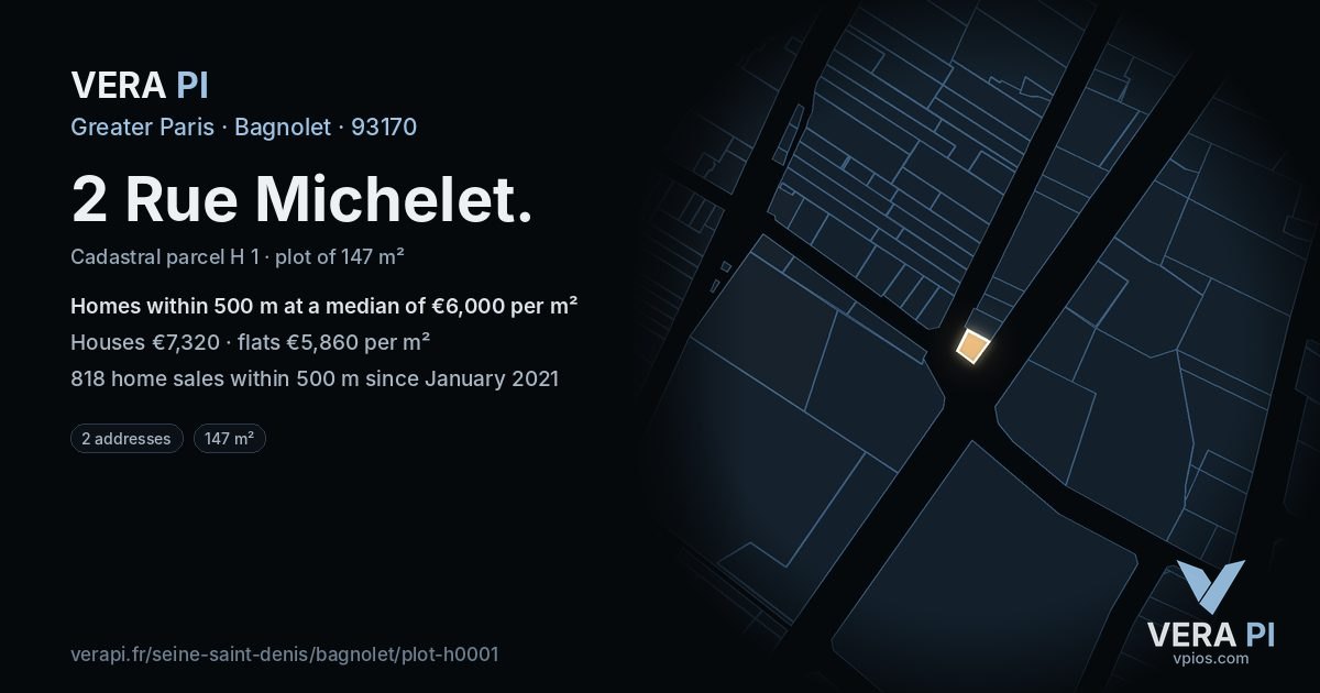 2 Rue Michelet, Bagnolet at night – the plot lit, the parcels around coloured by the prices near them