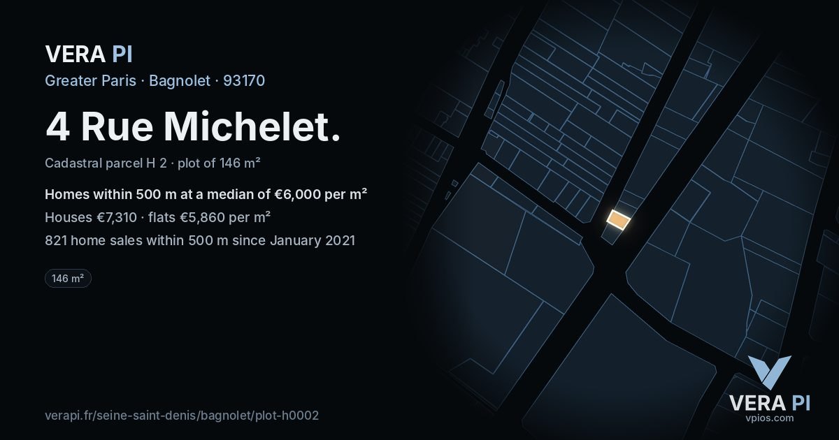 4 Rue Michelet, Bagnolet at night – the plot lit, the parcels around coloured by the prices near them