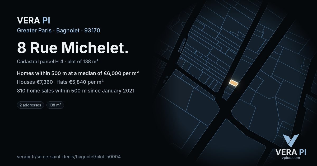 8 Rue Michelet, Bagnolet at night – the plot lit, the parcels around coloured by the prices near them