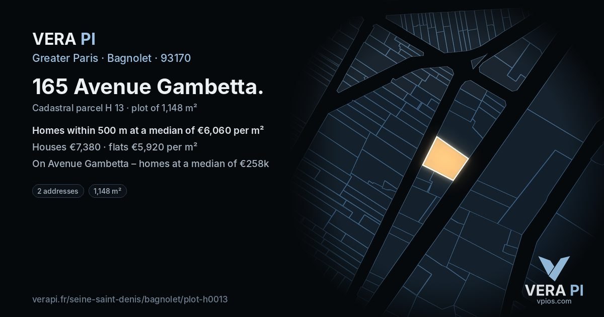 165 Avenue Gambetta, Bagnolet at night – the plot lit, the parcels around coloured by the prices near them