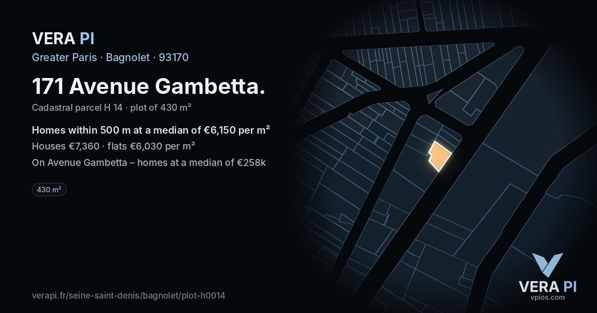 171 Avenue Gambetta, Bagnolet at night – the plot lit, the parcels around coloured by the prices near them