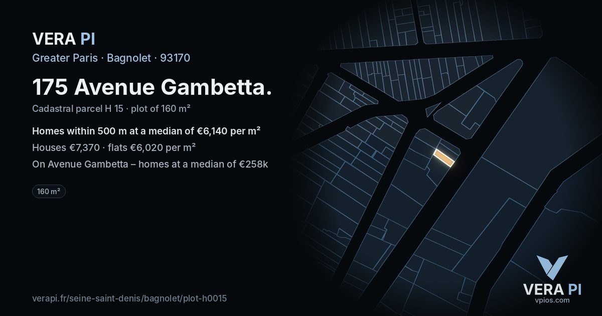 175 Avenue Gambetta, Bagnolet at night – the plot lit, the parcels around coloured by the prices near them