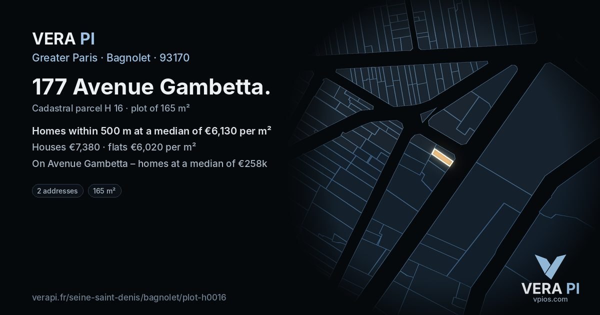 177 Avenue Gambetta, Bagnolet at night – the plot lit, the parcels around coloured by the prices near them