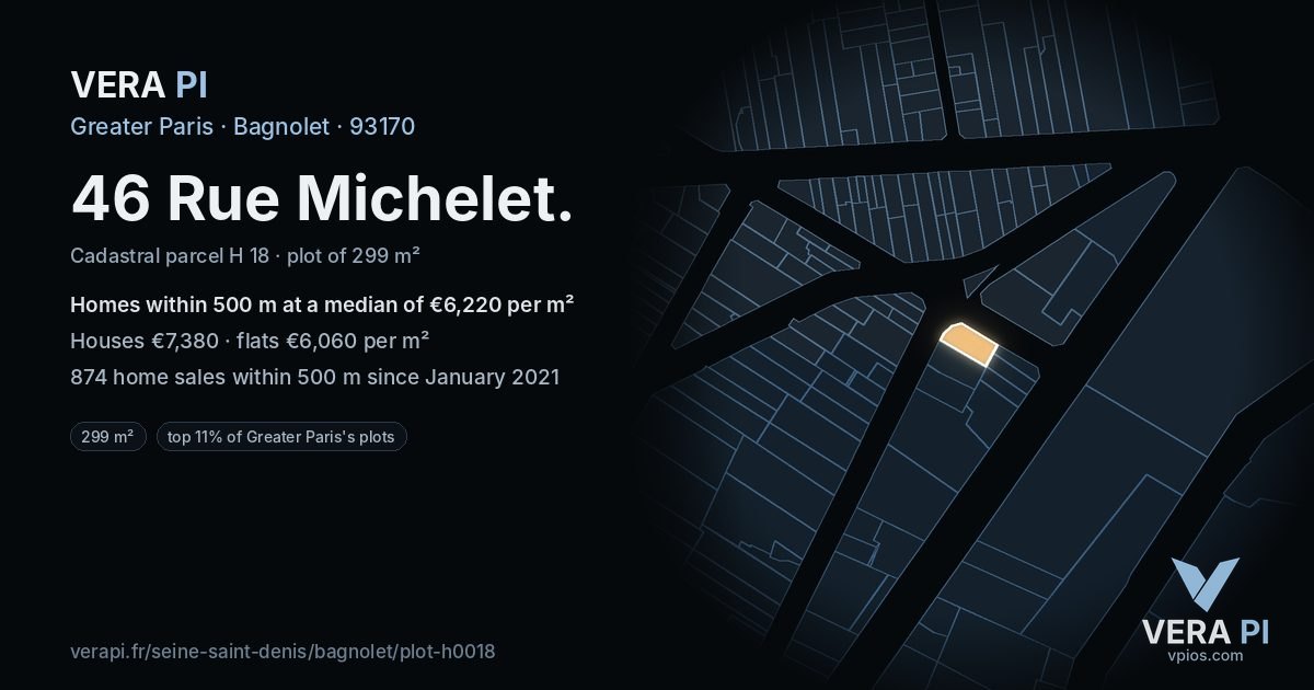 46 Rue Michelet, Bagnolet at night – the plot lit, the parcels around coloured by the prices near them