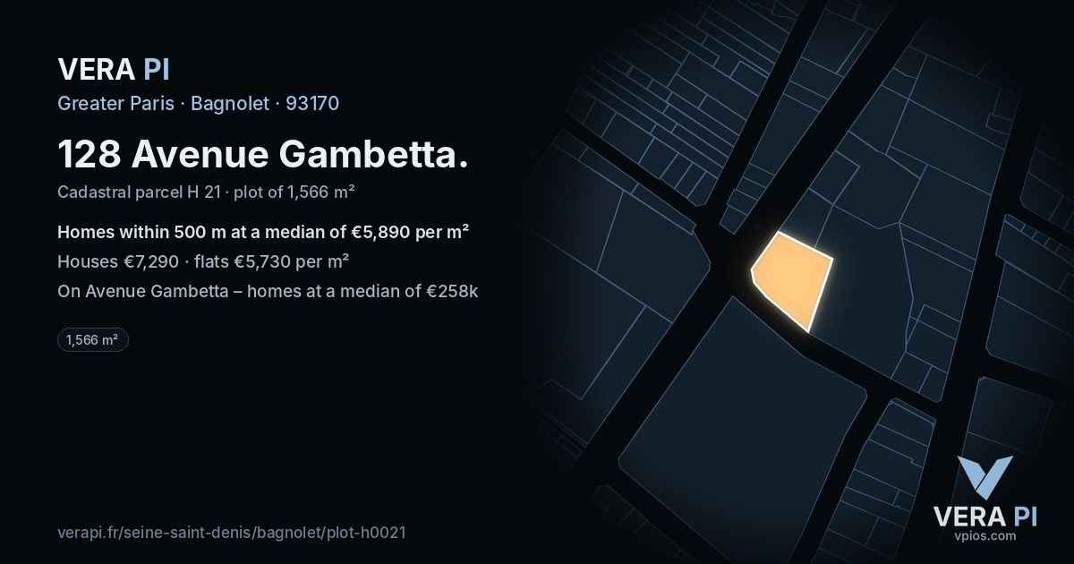 128 Avenue Gambetta, Bagnolet at night – the plot lit, the parcels around coloured by the prices near them