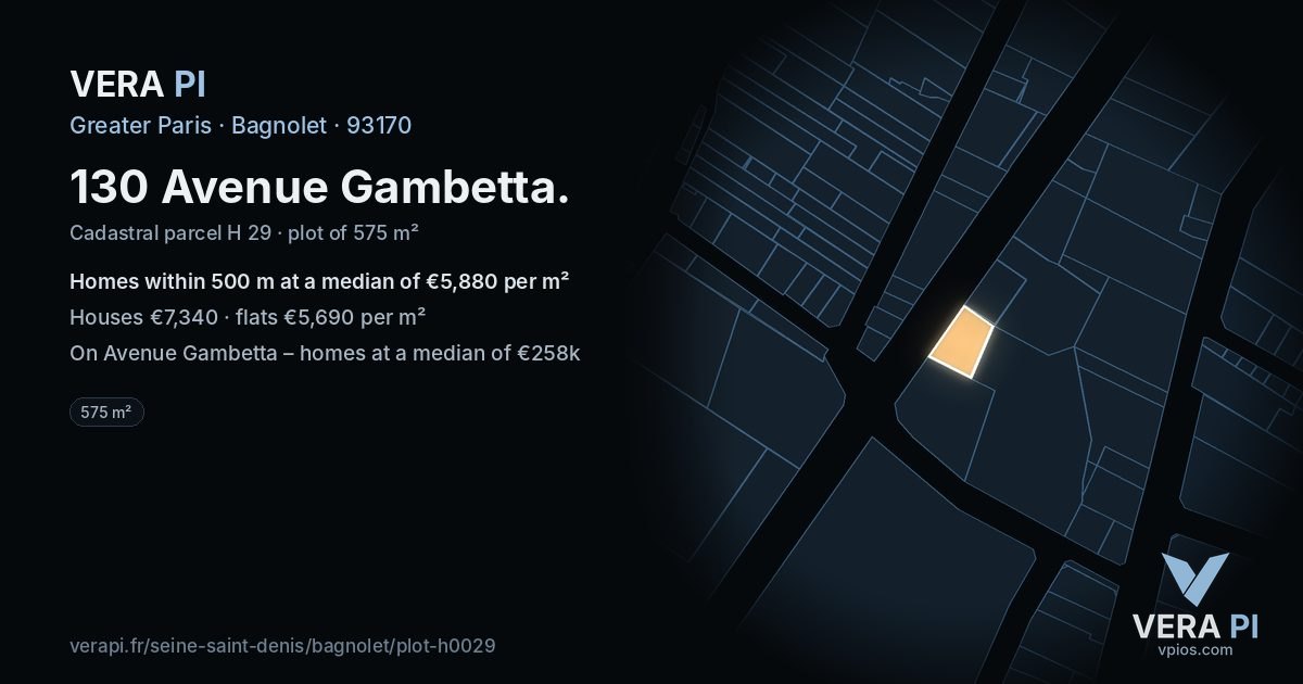 130 Avenue Gambetta, Bagnolet at night – the plot lit, the parcels around coloured by the prices near them