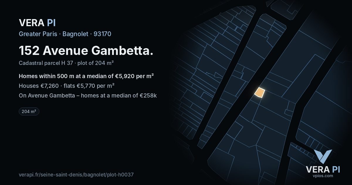 152 Avenue Gambetta, Bagnolet at night – the plot lit, the parcels around coloured by the prices near them