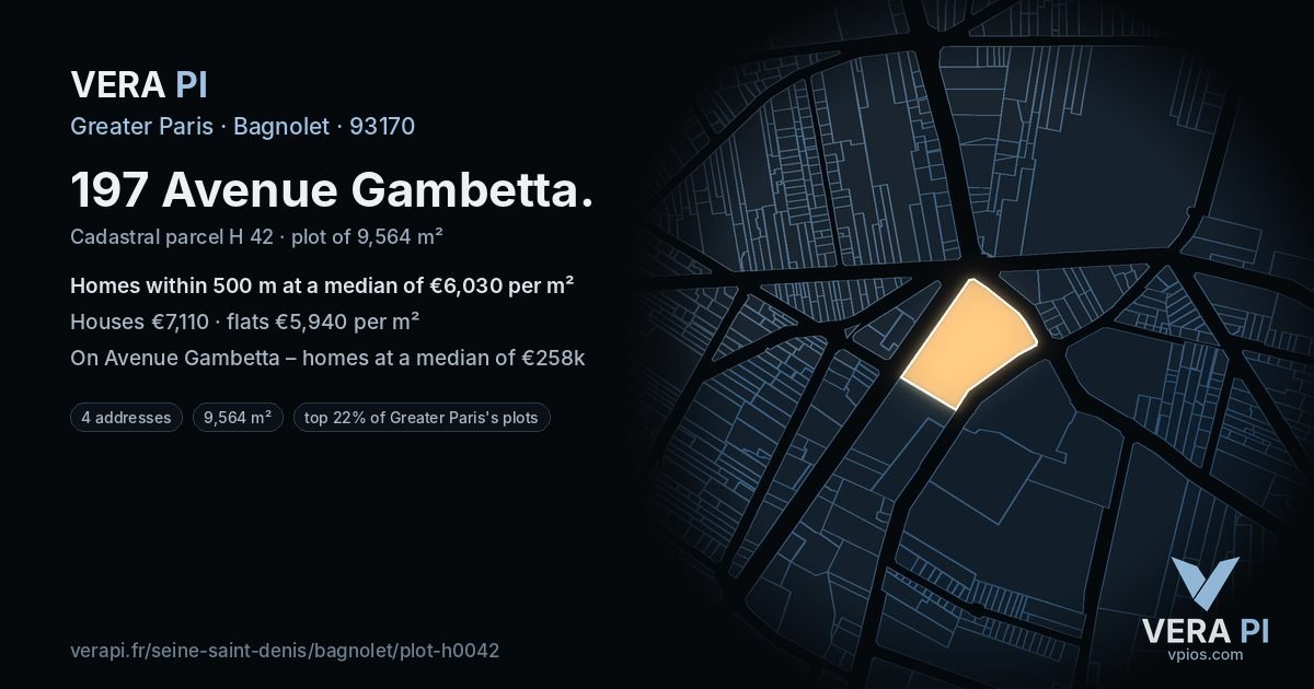 197 Avenue Gambetta, Bagnolet at night – the plot lit, the parcels around coloured by the prices near them