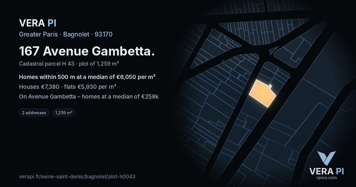 167 Avenue Gambetta, Bagnolet at night – the plot lit, the parcels around coloured by the prices near them