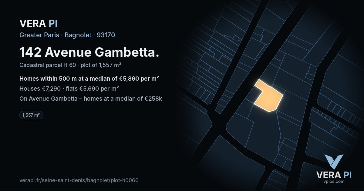 142 Avenue Gambetta, Bagnolet at night – the plot lit, the parcels around coloured by the prices near them