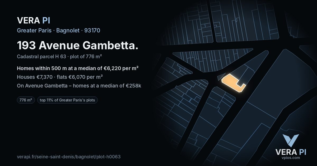 193 Avenue Gambetta, Bagnolet at night – the plot lit, the parcels around coloured by the prices near them