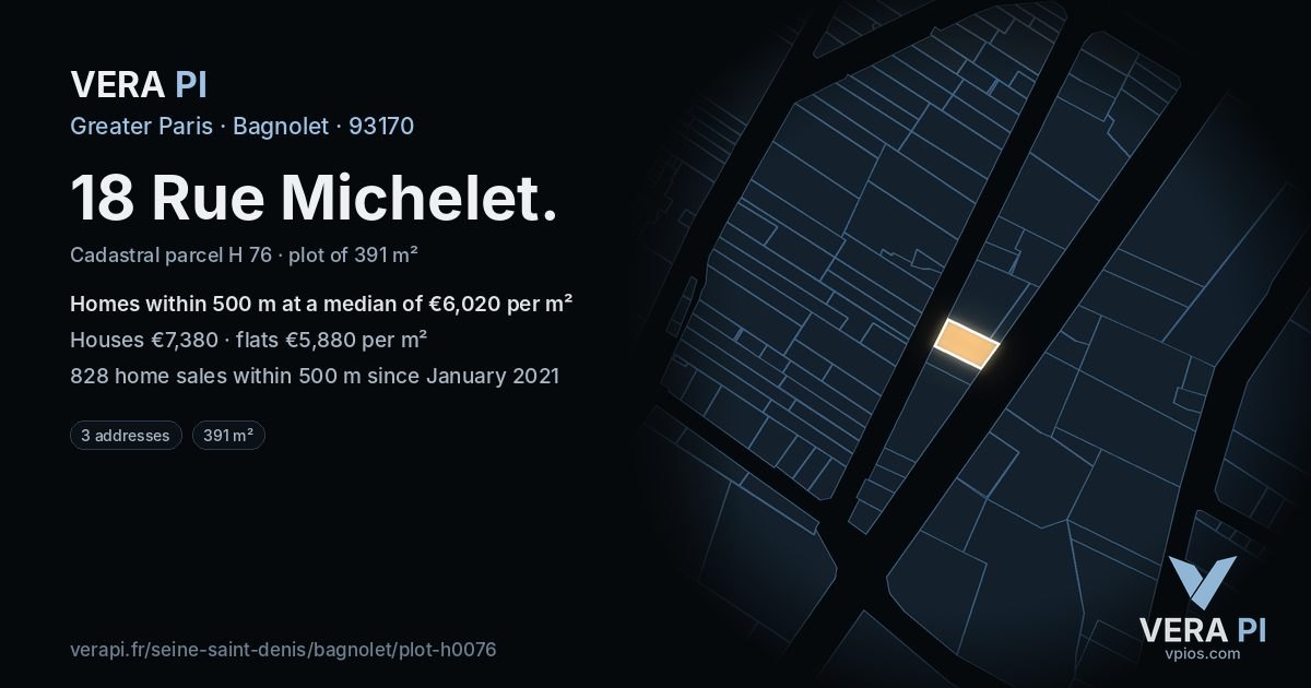 18 Rue Michelet, Bagnolet at night – the plot lit, the parcels around coloured by the prices near them