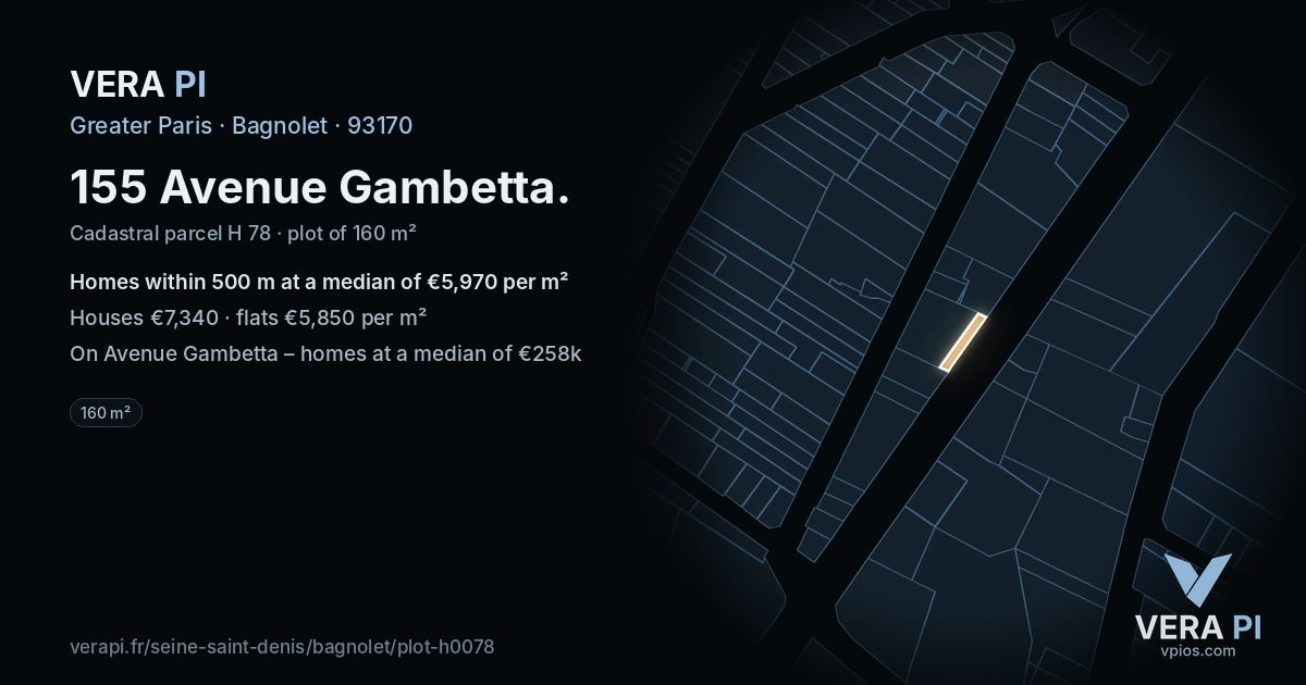155 Avenue Gambetta, Bagnolet at night – the plot lit, the parcels around coloured by the prices near them