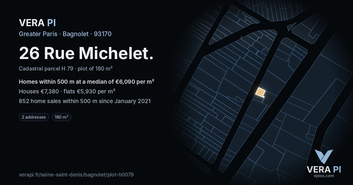26 Rue Michelet, Bagnolet at night – the plot lit, the parcels around coloured by the prices near them