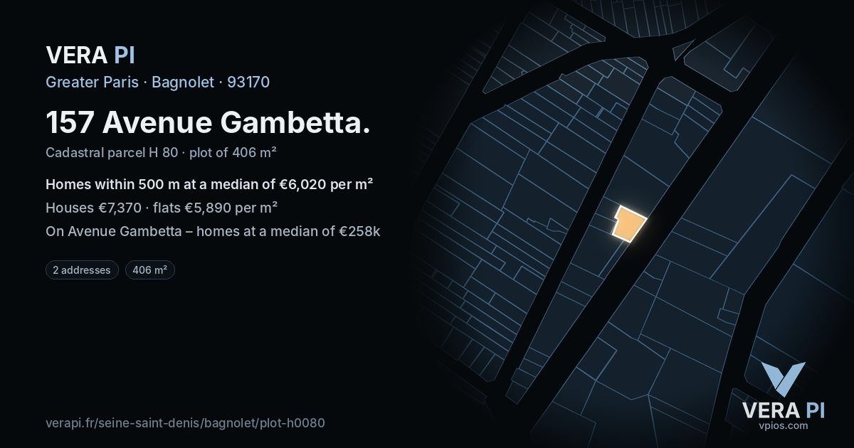 157 Avenue Gambetta, Bagnolet at night – the plot lit, the parcels around coloured by the prices near them