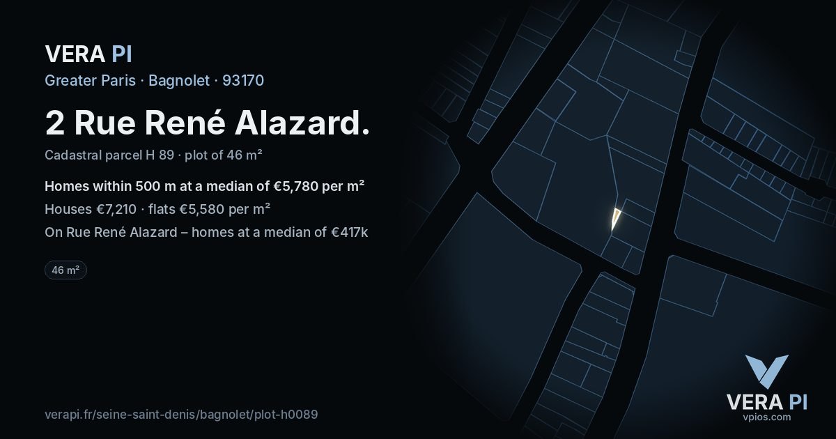 2 Rue René Alazard, Bagnolet at night – the plot lit, the parcels around coloured by the prices near them