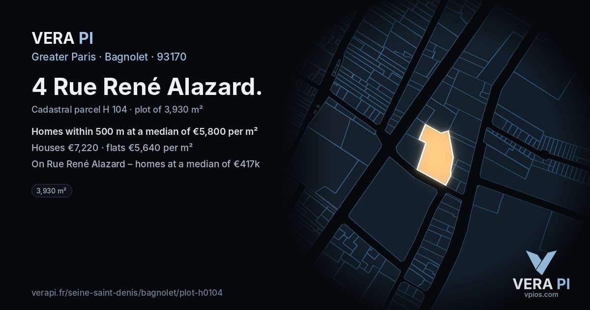 4 Rue René Alazard, Bagnolet at night – the plot lit, the parcels around coloured by the prices near them